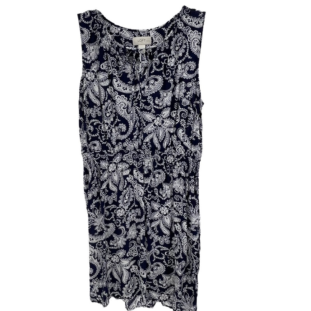 Ann Taylor Loft Petites Navy Blue & Cream Floral/Paisley Print Dress - Size MP